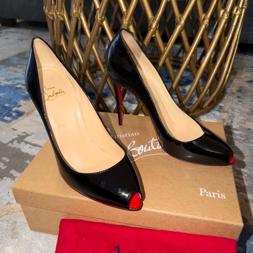 Christian Louboutin Black Patent Leather Peep-Toe Pumps with Red Accents